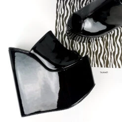 Peep Toe Black Patent Extreme Wedge Mules