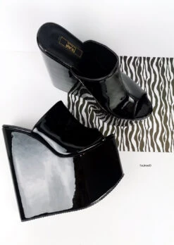 Peep Toe Black Patent Extreme Wedge Mules -Tajna Shoes extreme high heel wedge mules black patent tajna club shoes 3