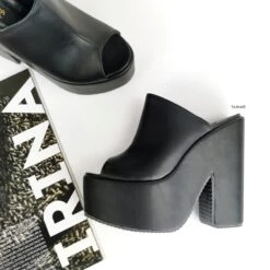 Black Matte Open Toe Wedge Platform Mules -Tajna Shoes extreme high heel wedge mules black peep toe gothic tajna club 4