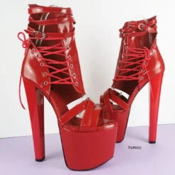 Red Gloss Side Lace Detailed Ankle High Heels -Tajna Shoes extreme high heel platform women shoes 17 7f293ee7 3254 48d5 bd9a 23862a507492