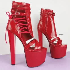 Red Gloss Side Lace Detailed Ankle High Heels