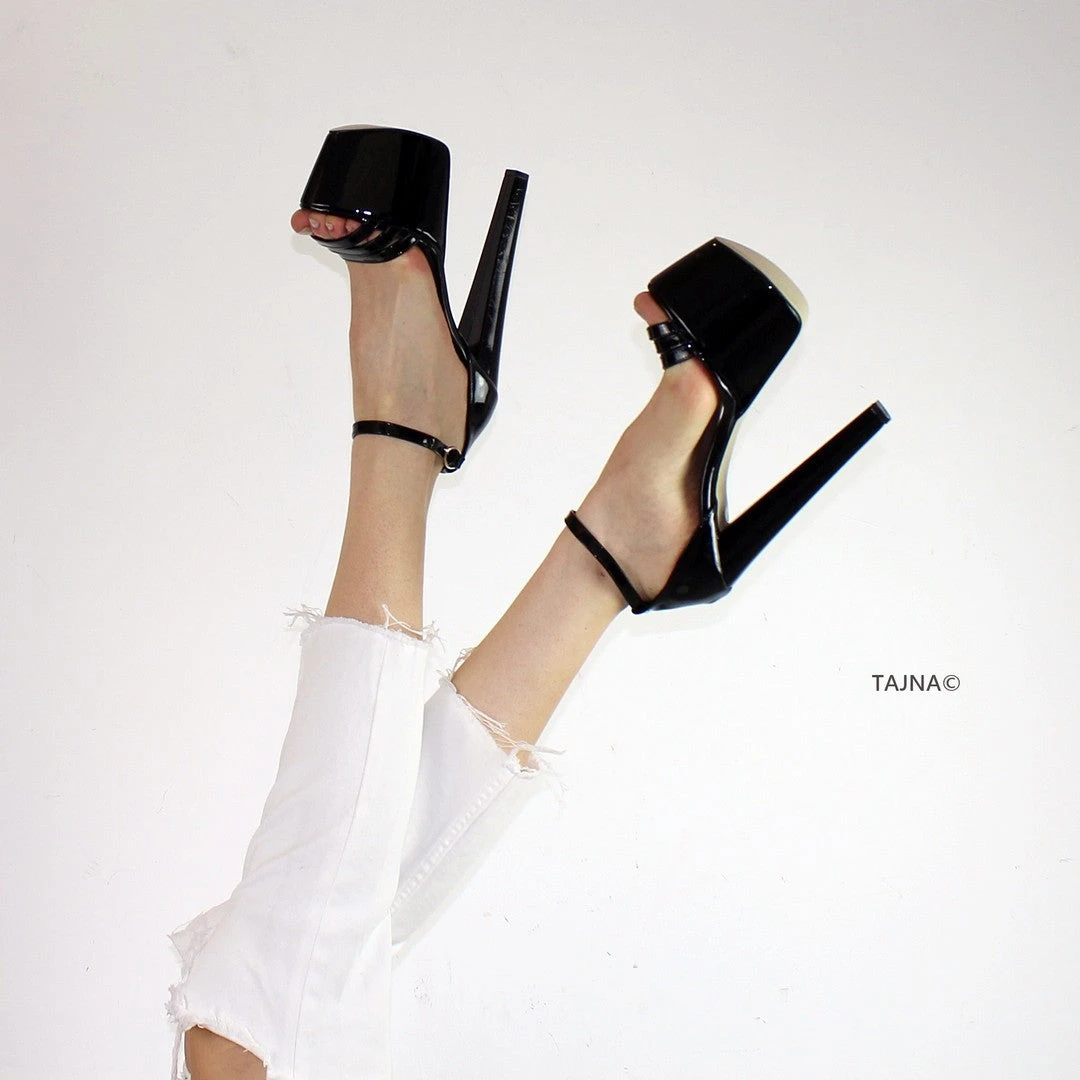 Black Patent Cross Strap Thick Heels 1 Black Patent Cross Strap Thick Heels