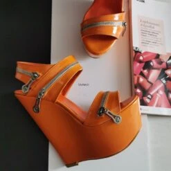 Orange Patent Zipper Detail Wedges -Tajna Shoes extreme high heel platform women shoes 63