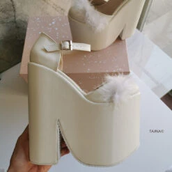 Cream Fury Ankle Strap Platform Bride Wedges -Tajna Shoes extreme high heel wedge shoes cream wedding 3