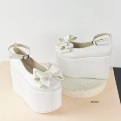 White Ribbon Flat Wedge Wedding Heels
