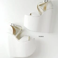 White Gemstone Cross Strap Platform Wedges