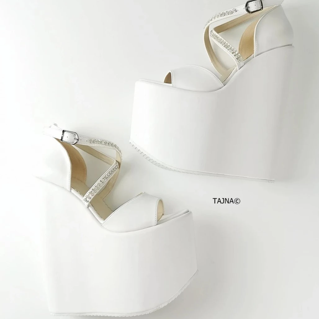 White Gemstone Cross Strap Platform Wedges 1 White Gemstone Cross Strap Platform Wedges