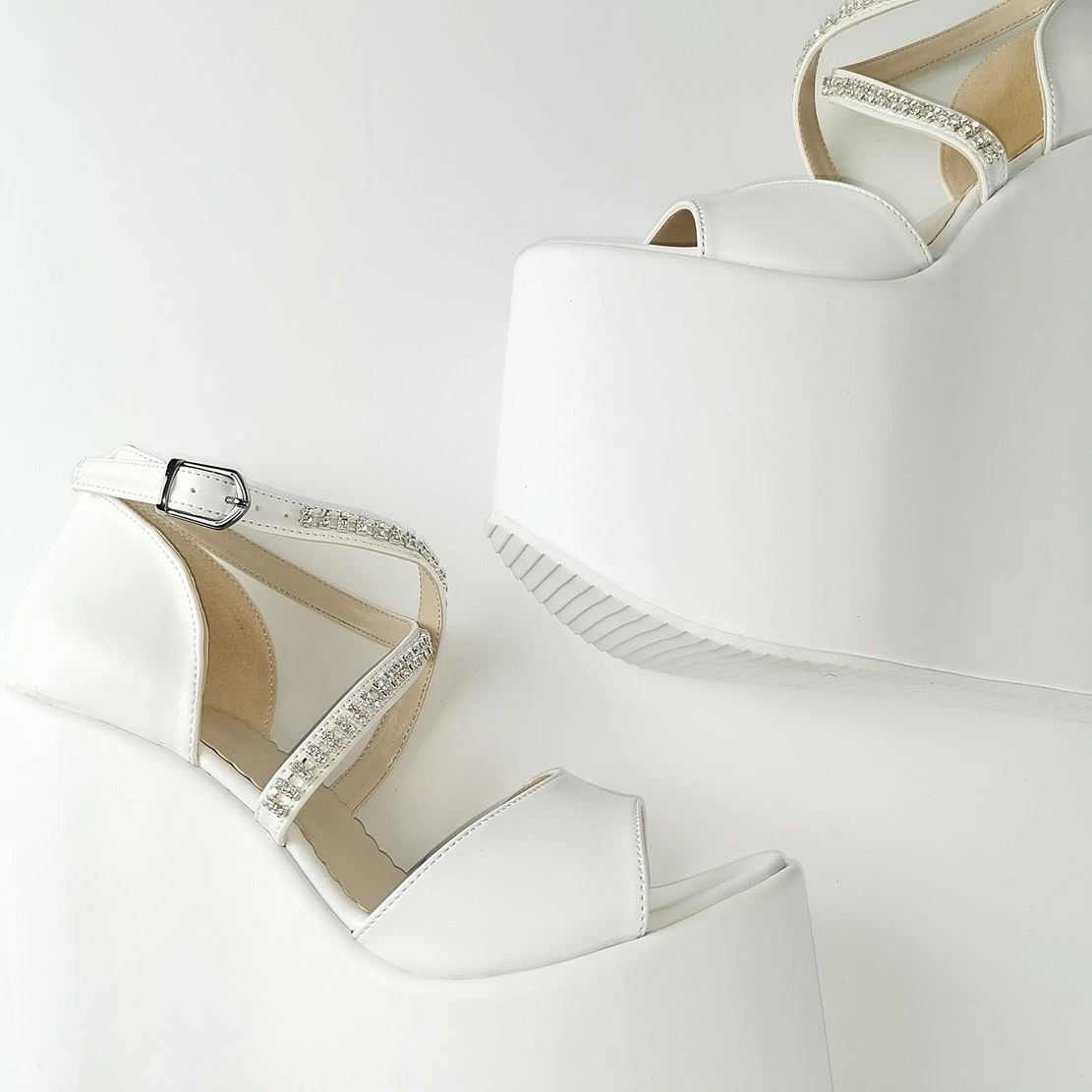 White Gemstone Cross Strap Platform Wedges 2 White Gemstone Cross Strap Platform Wedges - Image 2