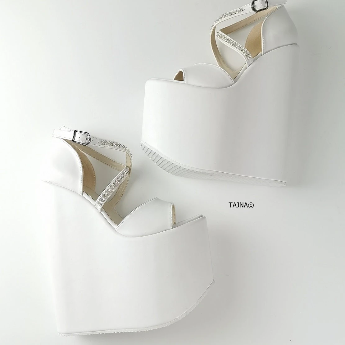 White Gemstone Cross Strap Platform Wedges 4 White Gemstone Cross Strap Platform Wedges - Image 4