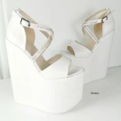White Gemstone Cross Strap Platform Wedges 6 White Gemstone Cross Strap Platform Wedges -Tajna Shoes extreme high heel women shoes 121