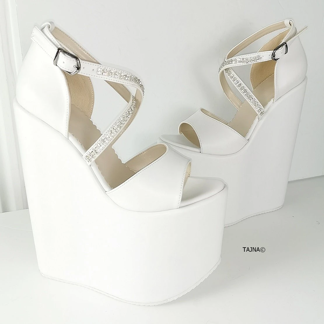 White Gemstone Cross Strap Platform Wedges 3 White Gemstone Cross Strap Platform Wedges - Image 3