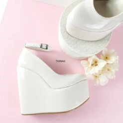 Light Nude Patent Ankle Strap Bridal Wedges