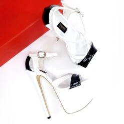 White Black Gloss Ankle Cross Strap Heels