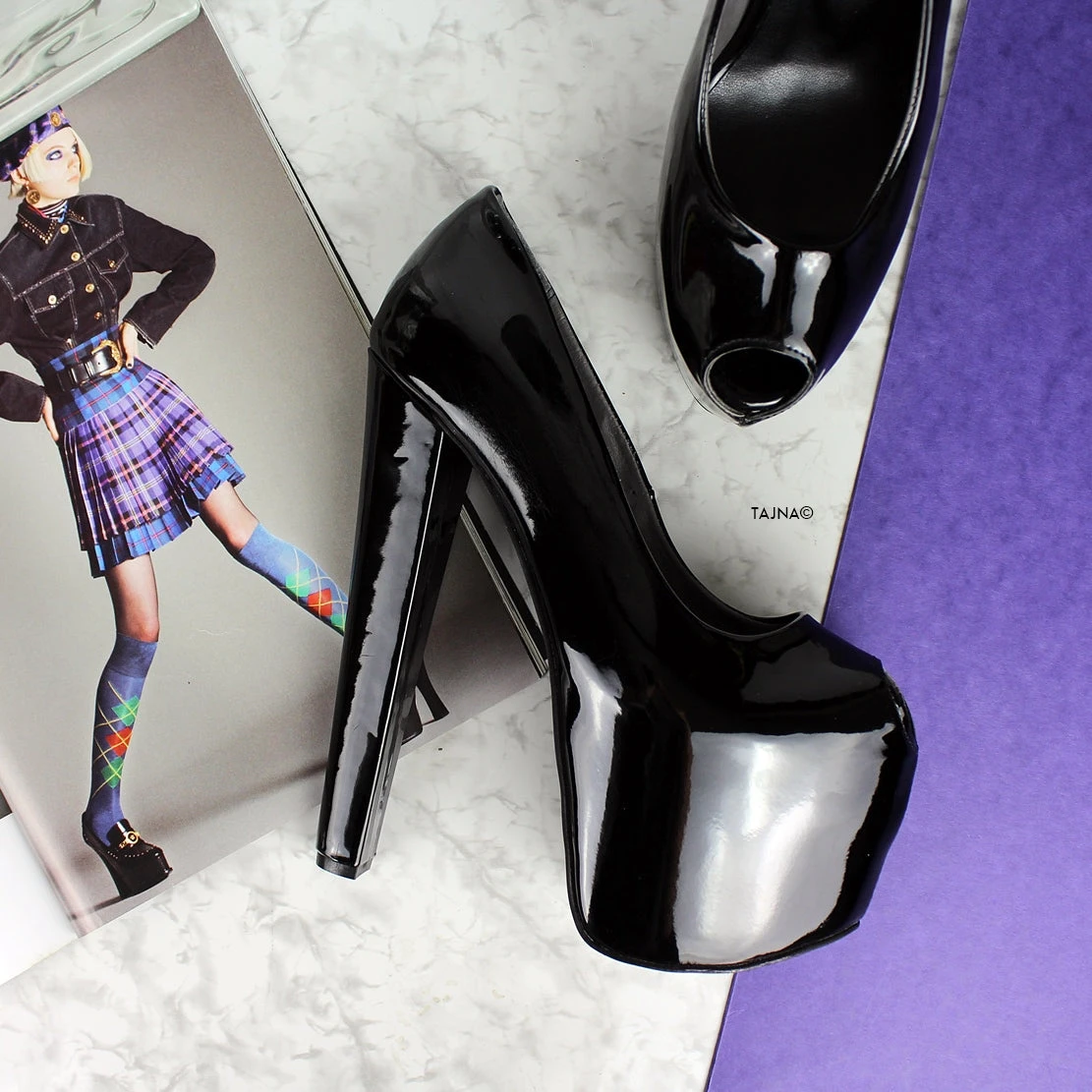 Black Gloss Fishmouth Chunky High Heels 6 Black Gloss Fishmouth Chunky High Heels - Image 6