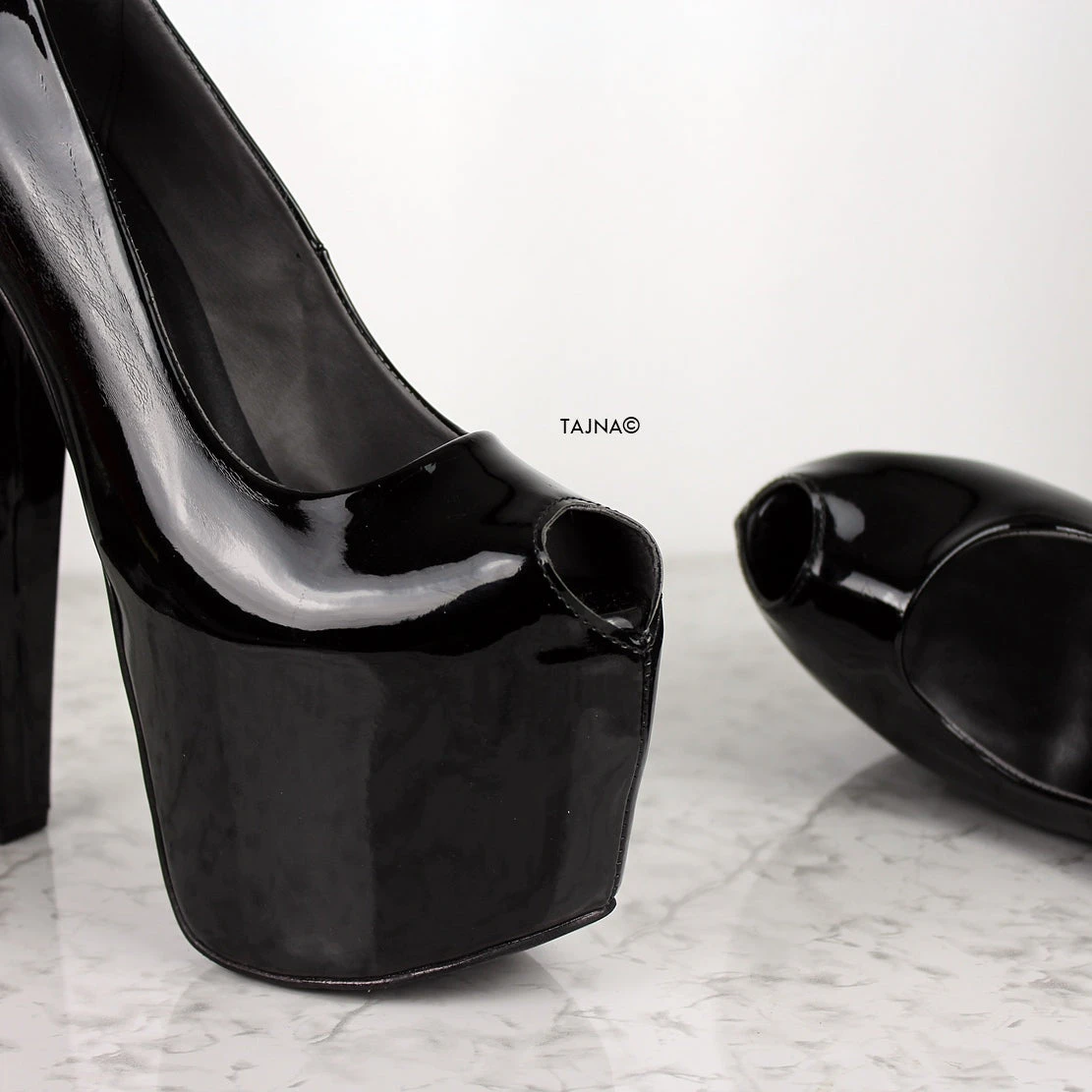 Black Gloss Fishmouth Chunky High Heels 5 Black Gloss Fishmouth Chunky High Heels - Image 5