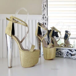 Ankle Strap Gold Shimmer 19 Cm High Heel Platform Shoes