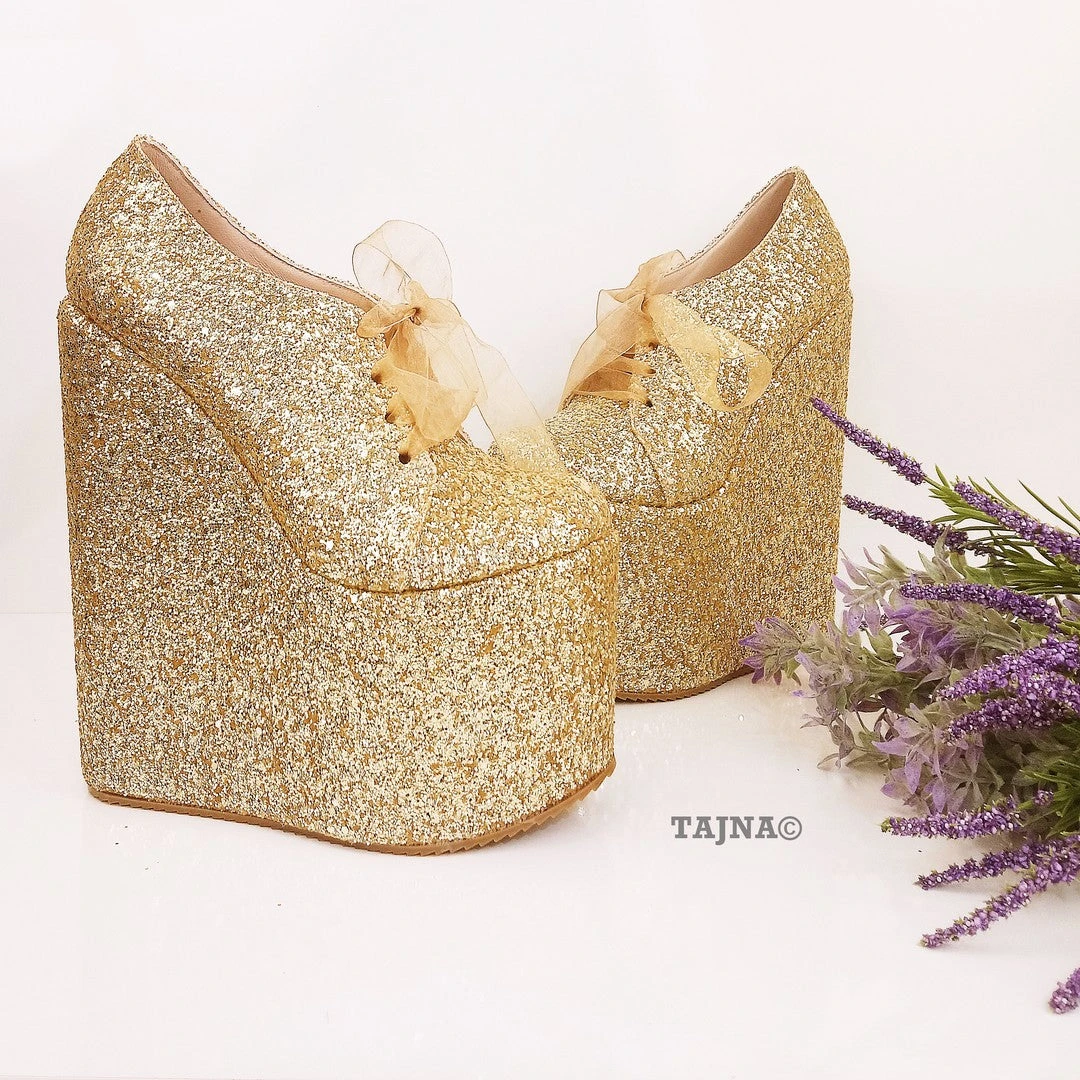Gold Shinny Lace Up Shinny Wedge Platform Shoes 1 Gold Shinny Lace Up Shinny Wedge Platform Shoes