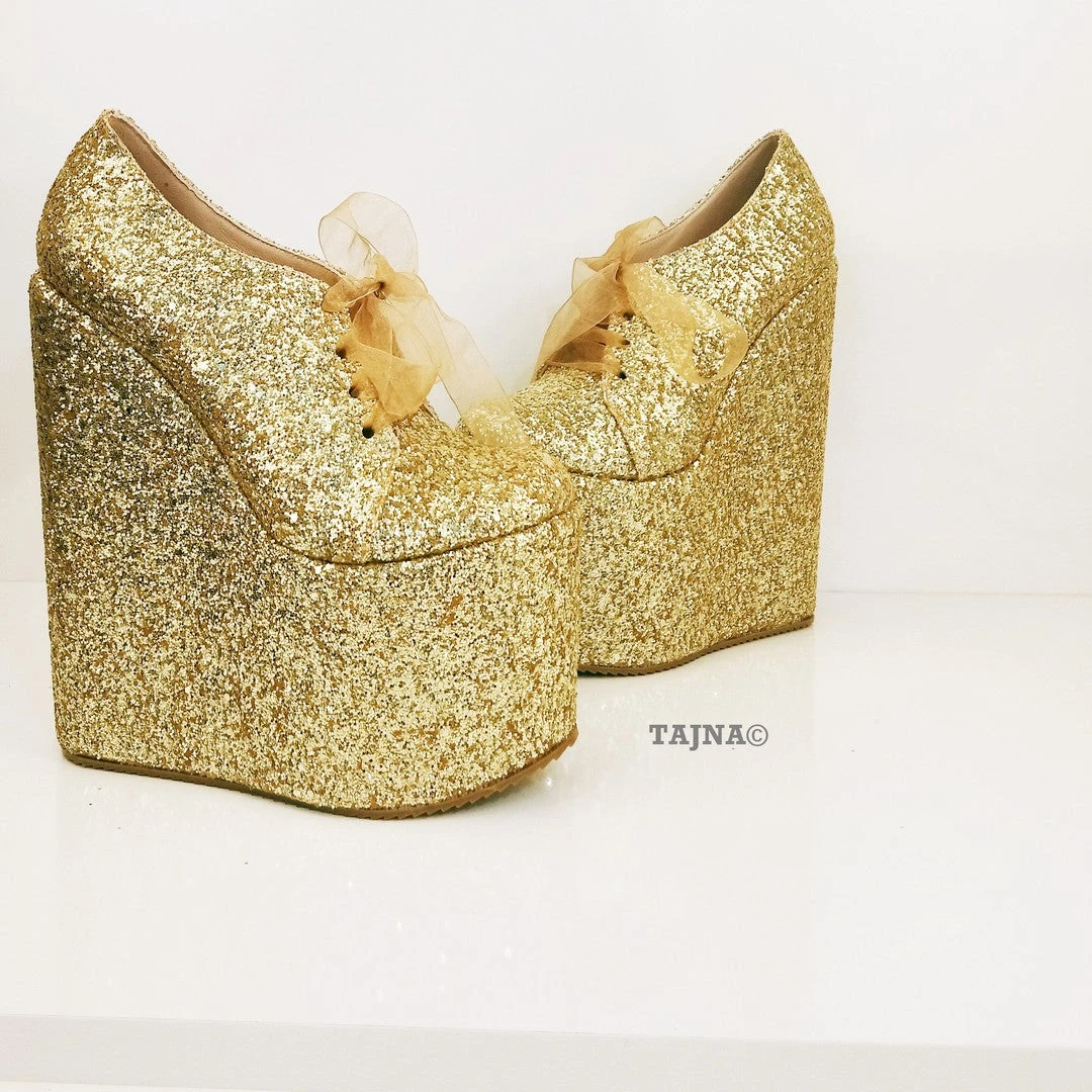 Gold Shinny Lace Up Shinny Wedge Platform Shoes 2 Gold Shinny Lace Up Shinny Wedge Platform Shoes - Image 2