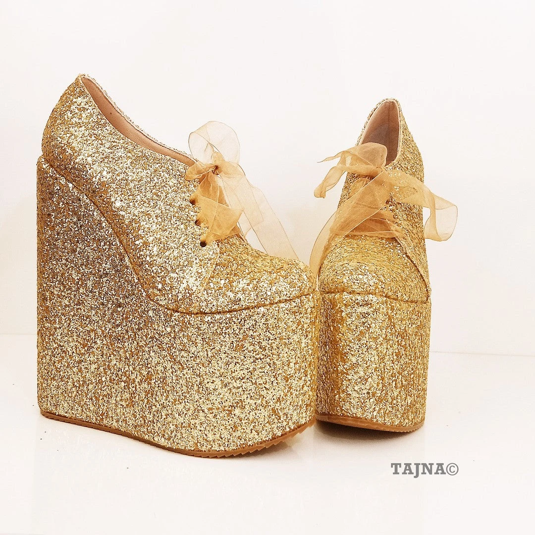 Gold Shinny Lace Up Shinny Wedge Platform Shoes 3 Gold Shinny Lace Up Shinny Wedge Platform Shoes - Image 3