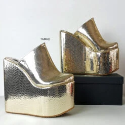 Gold Shiny Sabo Wedge Mules 6 Gold Shiny Sabo Wedge Mules -Tajna Shoes gold wedge mules 1