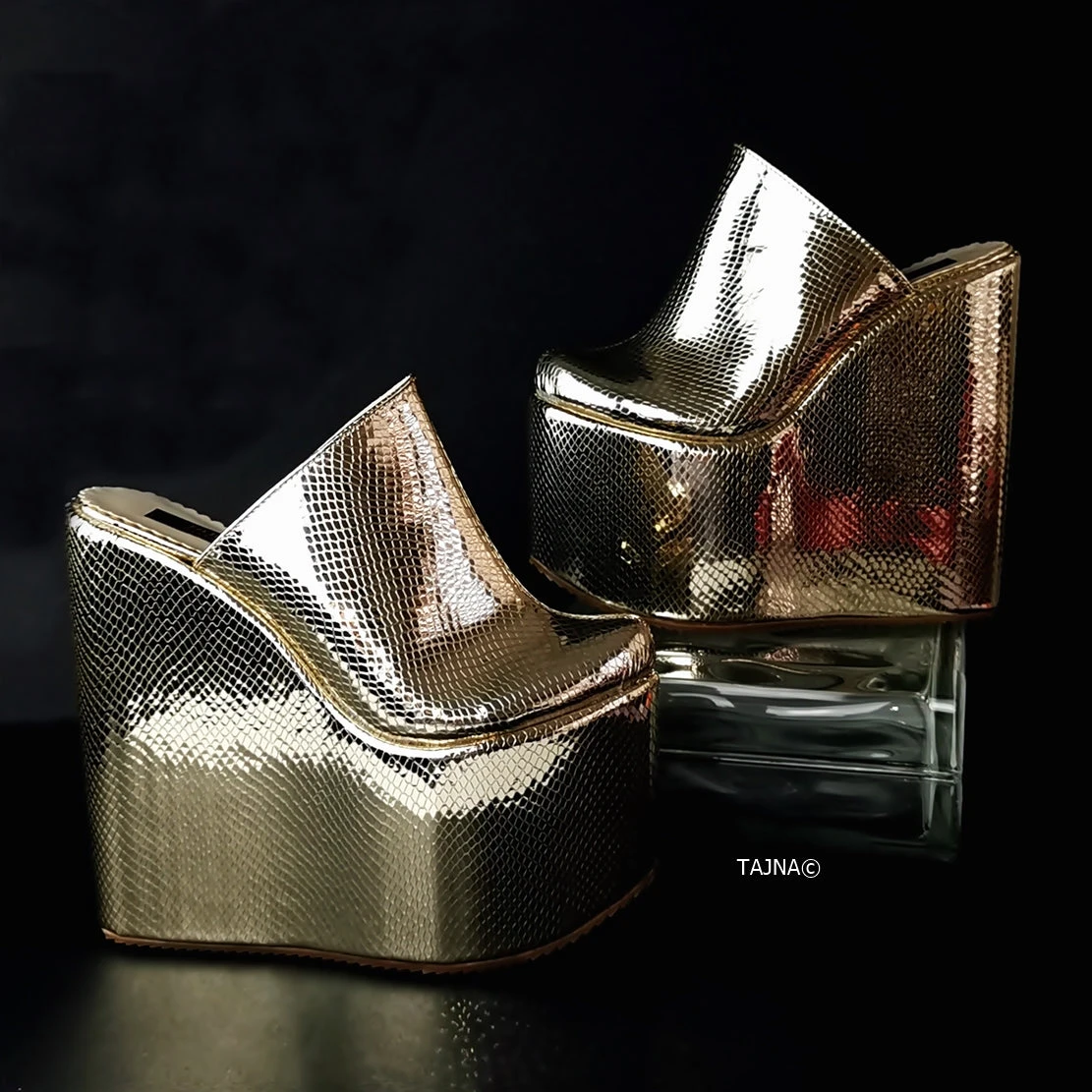 Gold Shiny Sabo Wedge Mules 1 Gold Shiny Sabo Wedge Mules