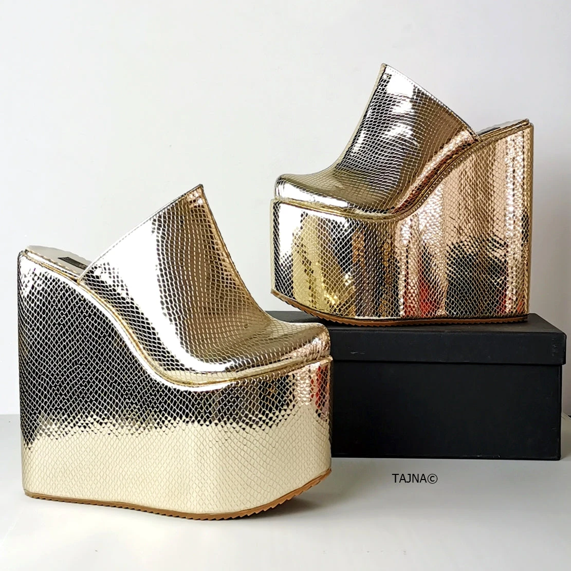 Gold Shiny Sabo Wedge Mules 2 Gold Shiny Sabo Wedge Mules - Image 2