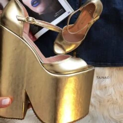 Golden Extreme Heel Strap Wedge Shoes