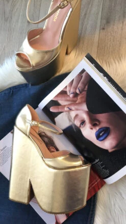 Golden Extreme Heel Strap Wedge Shoes -Tajna Shoes gold wedges 3