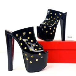 Golden Spike Black Gloss Chunky Heel Mules -Tajna Shoes high heel black gloss spike studs slide shoes mules tajna club 2