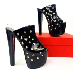 Golden Spike Black Gloss Chunky Heel Mules