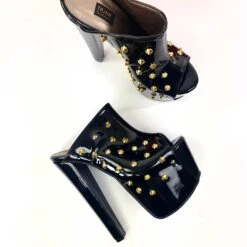 Golden Spike Black Gloss Chunky Heel Mules -Tajna Shoes high heel black gloss spike studs slide shoes mules tajna club 4