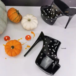 Stud Spike Black Gloss High Heel Mules -Tajna Shoes high heel mules black gloss spike studs 2