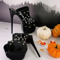 Stud Spike Black Gloss High Heel Mules