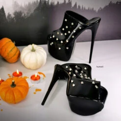 Stud Spike Black Gloss High Heel Mules -Tajna Shoes high heel mules black gloss spike studs 5