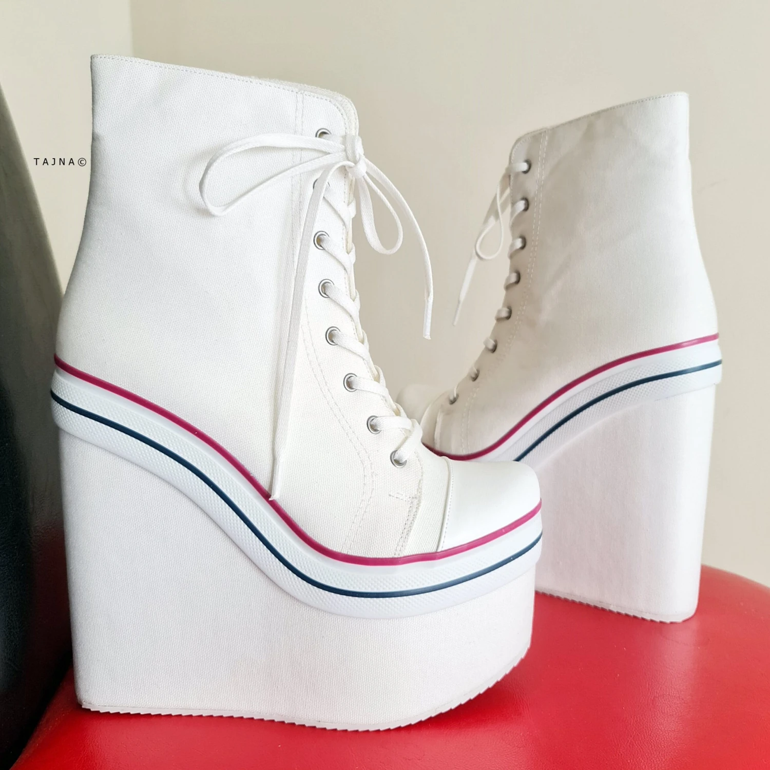White Lace Up High Heel Wedge Sport Platforms 2 White Lace Up High Heel Wedge Sport Platforms - Image 2