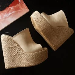 Cream Genuine Leather Espadril Heel Wedge Mules 7 Cream Genuine Leather Espadril Heel Wedge Mules -Tajna Shoes high heel platform shoes tajna club 170