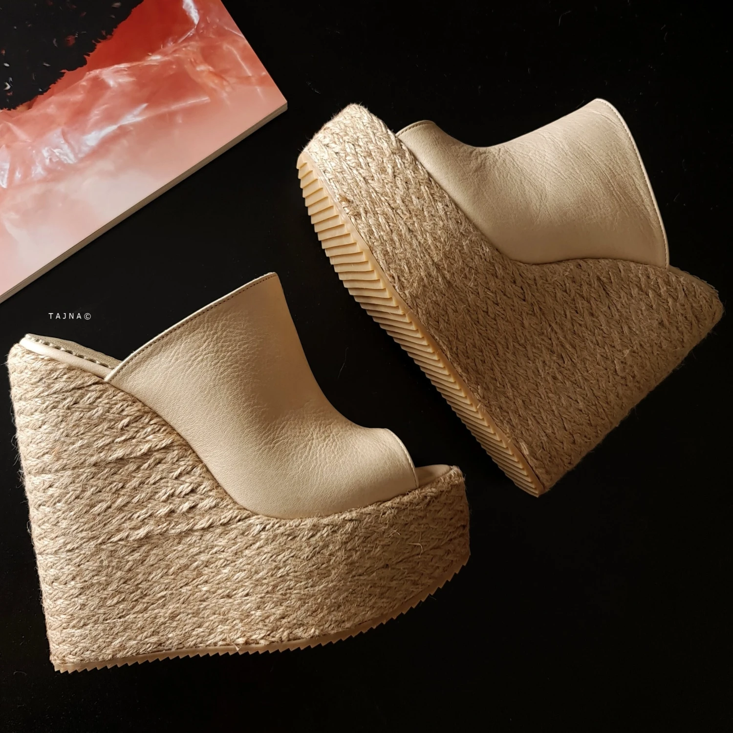 Cream Genuine Leather Espadril Heel Wedge Mules 3 Cream Genuine Leather Espadril Heel Wedge Mules - Image 3