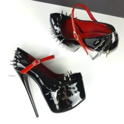 Black Red Gloss Spike Studded Strapped Heels -Tajna Shoes high heel platform shoes tajna club 263