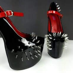 Black Red Gloss Spike Studded Strapped Heels -Tajna Shoes high heel platform shoes tajna club 265