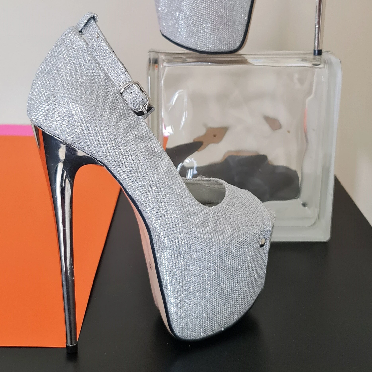 Silver Shimmer Open Toe Ankle Strap Heels 1 Silver Shimmer Open Toe Ankle Strap Heels