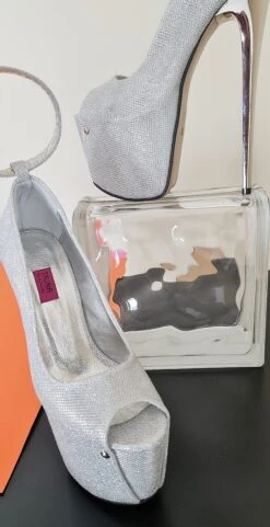 Silver Shimmer Open Toe Ankle Strap Heels 7 Silver Shimmer Open Toe Ankle Strap Heels -Tajna Shoes high heel platform shoes tajna club 36