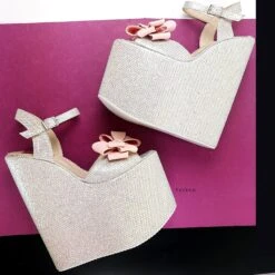 White Shimmer Ribbon Detail Wedge Platform Sandals -Tajna Shoes high heel platform shoes tajna club 3 76ba8a1c 906a 455a 893e 74197068be17