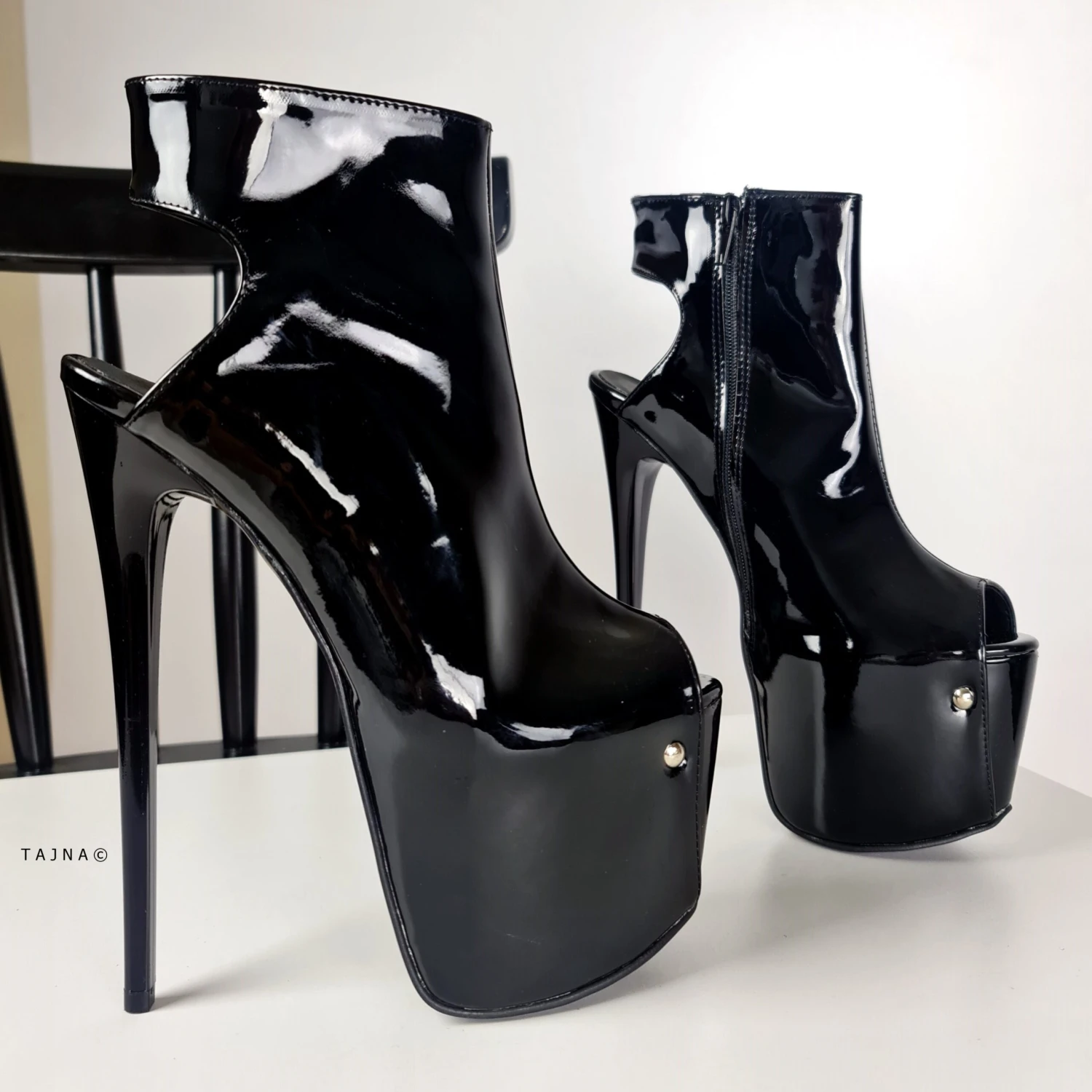 Ankle Cut Black Gloss Peep Toe High Heels 2 Ankle Cut Black Gloss Peep Toe High Heels - Image 2