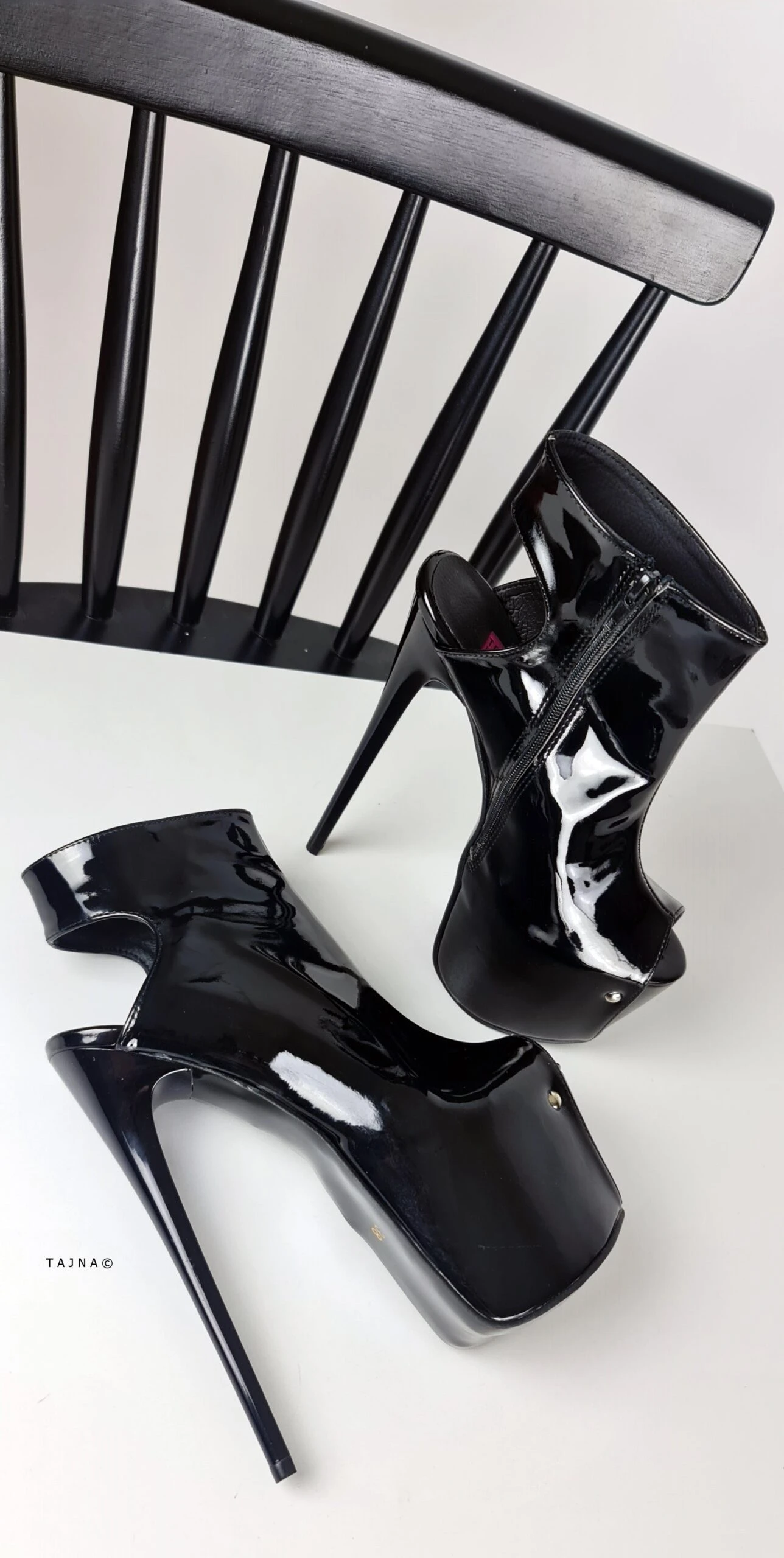 Ankle Cut Black Gloss Peep Toe High Heels 4 Ankle Cut Black Gloss Peep Toe High Heels - Image 4