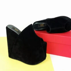 Black Suede Platform Wedge High Heel Mules -Tajna Shoes high heel platform wedge mules black suede tajna club 17 cm 3
