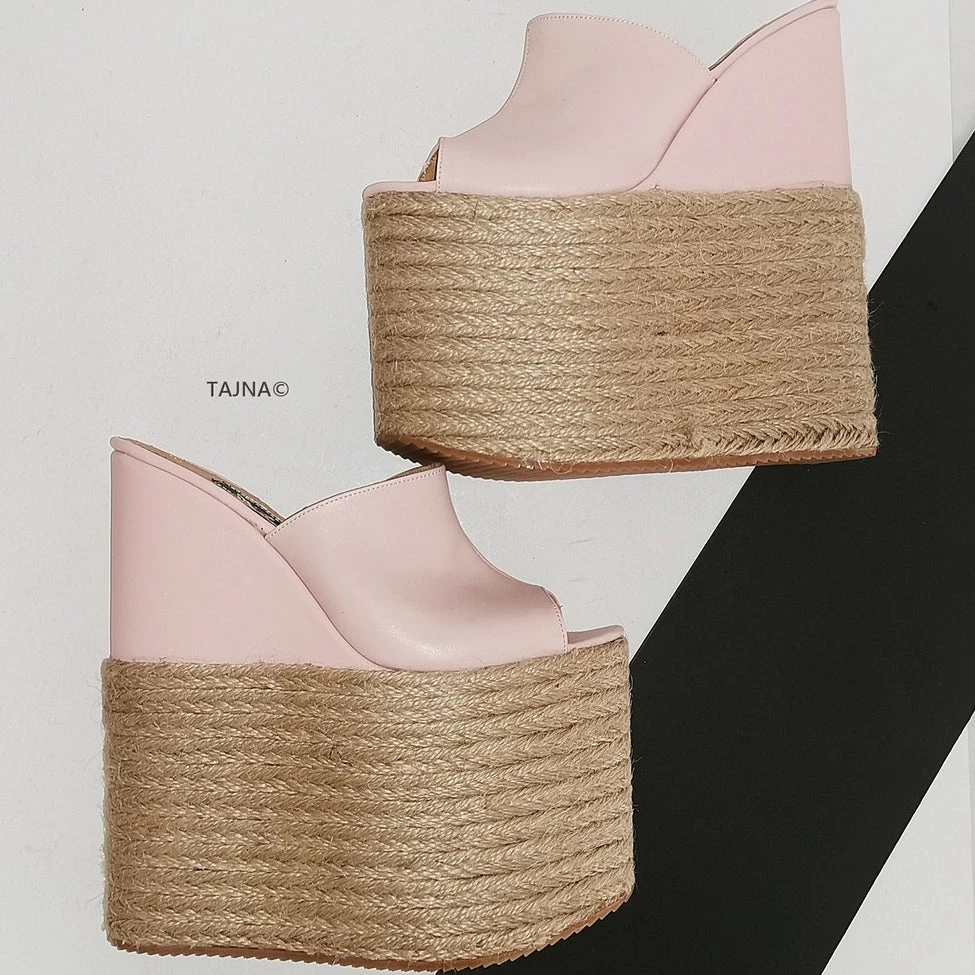 Pink High Heel Espadril Wedge Mules 1 Pink High Heel Espadril Wedge Mules