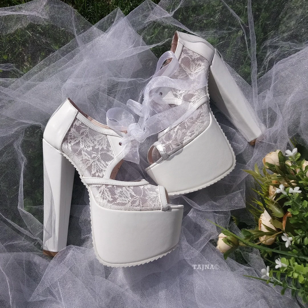 Bridal White Lace Shoes With Chunky High Heel Platforms 1 Bridal White Lace Shoes With Chunky High Heel Platforms
