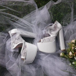 Bridal White Lace Shoes With Chunky High Heel Platforms 7 Bridal White Lace Shoes With Chunky High Heel Platforms -Tajna Shoes high heel lace bridal shoes 3