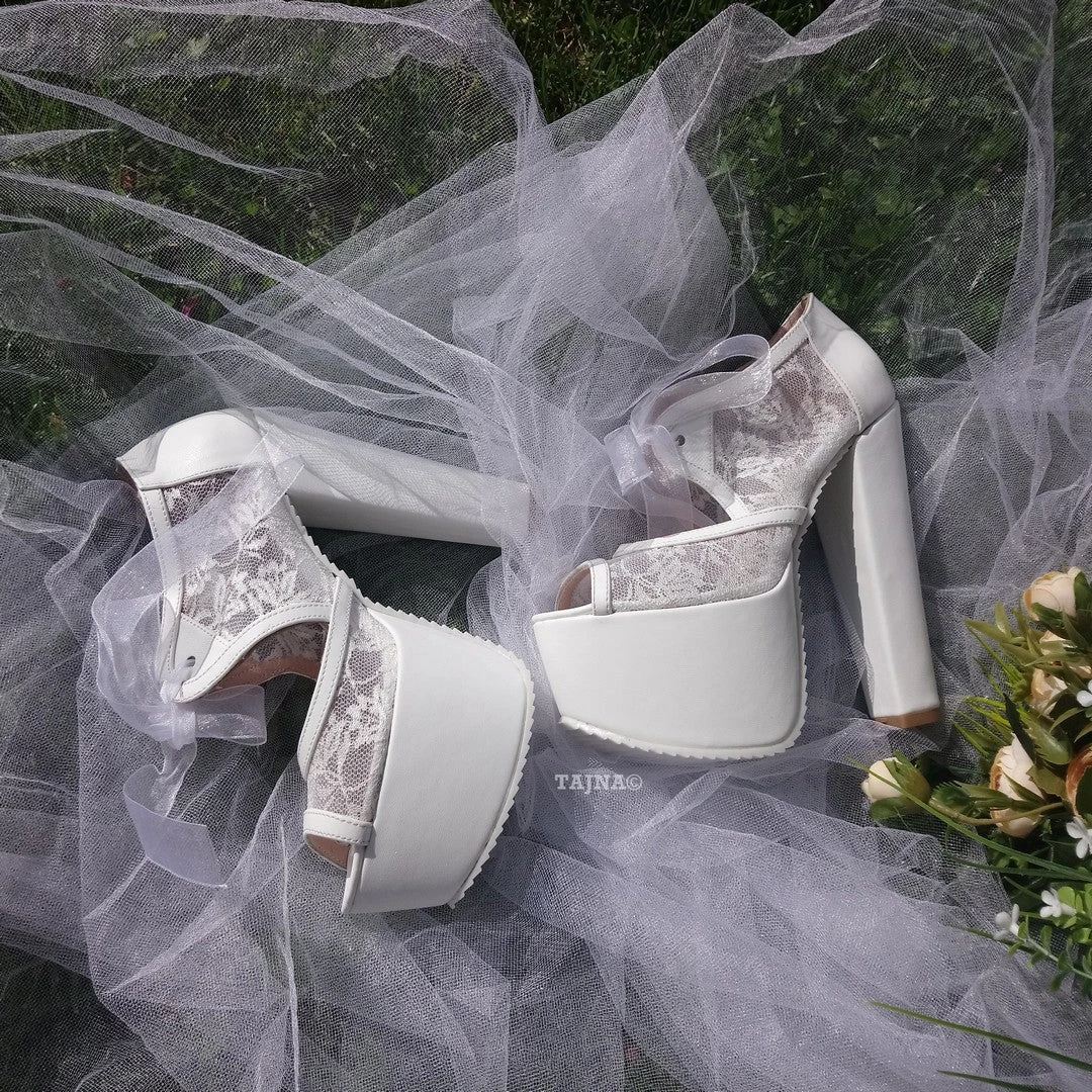 Bridal White Lace Shoes With Chunky High Heel Platforms 3 Bridal White Lace Shoes With Chunky High Heel Platforms - Image 3