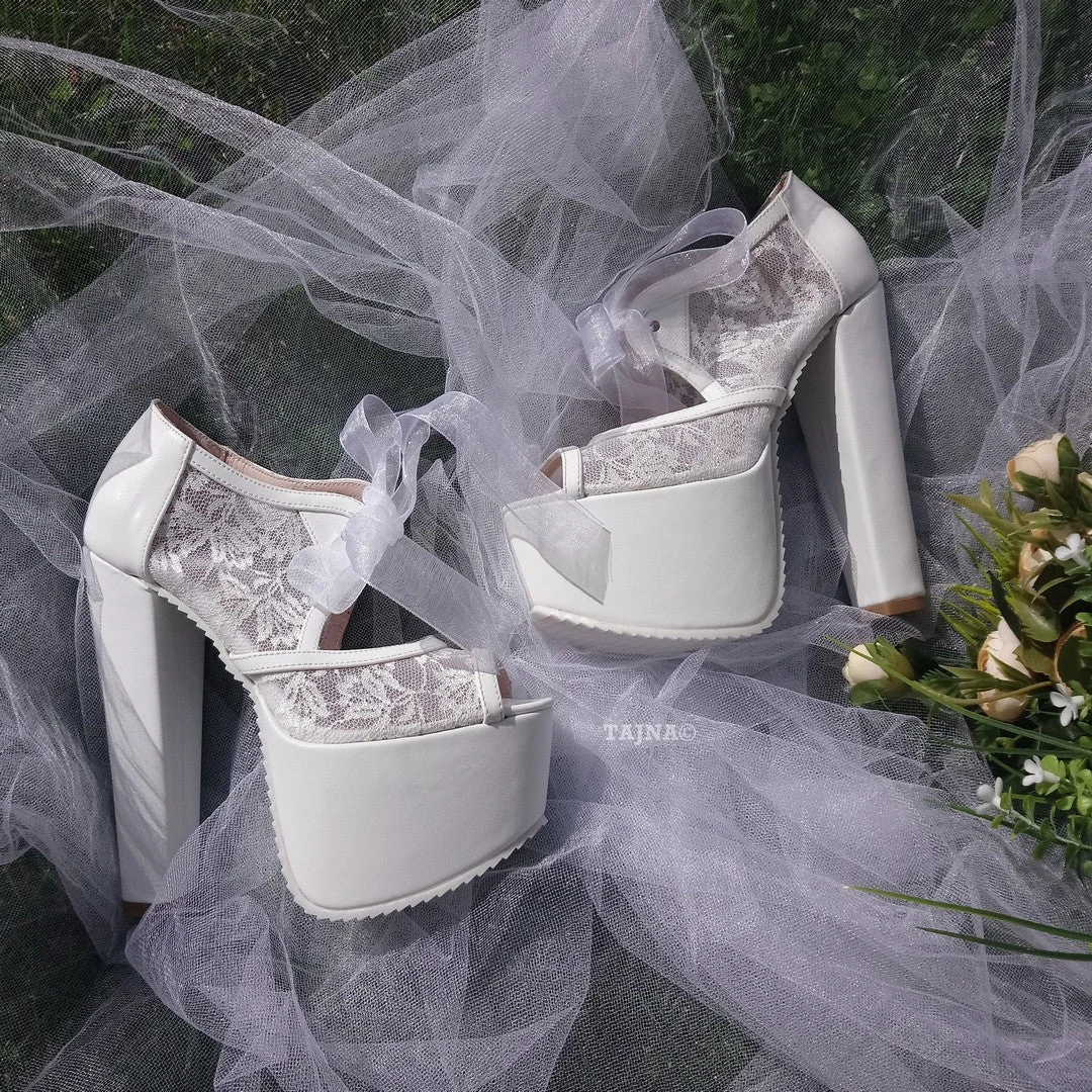 Bridal White Lace Shoes With Chunky High Heel Platforms 4 Bridal White Lace Shoes With Chunky High Heel Platforms - Image 4